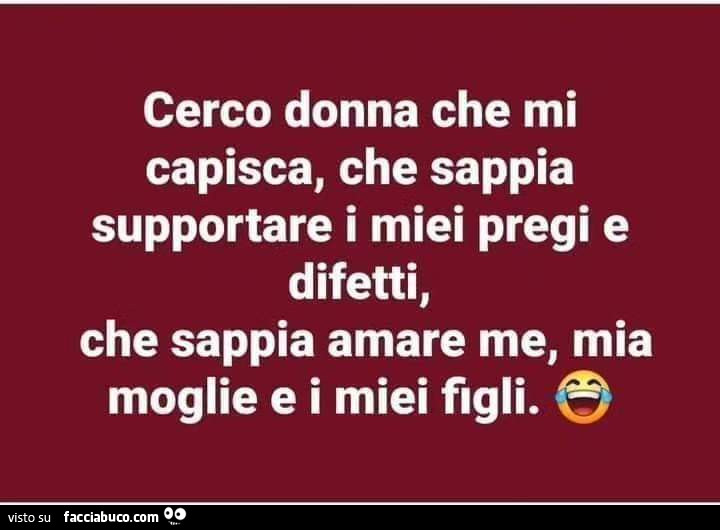 Cerco donna che mi capisca, che sappia supportare i miei pregi e difetti, che sappia amare me, mia moglie e i miei figli