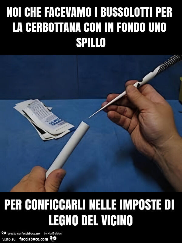 Noi che facevamo i bussolotti per la cerbottana con in fondo uno spillo per conficcarli nelle imposte di legno del vicino