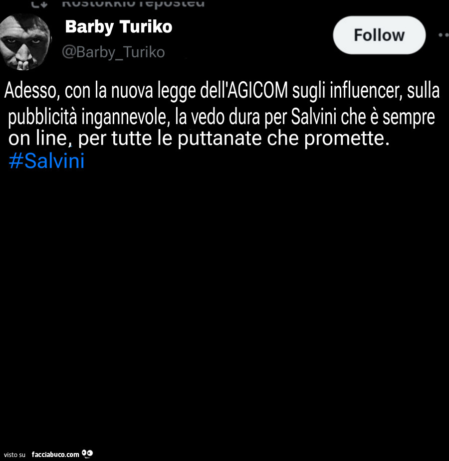Adesso, con la nuova legge dell'aglcom sugli influencer, sulla pubblicità ingannevole, la vedo dura per Salvini che è sempre on line, per tutte le puttanate che promette. Salvini