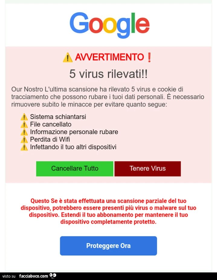 Avvertimento 5 virus rilevati! Our nostro l'ultima scansione ha rilevato 5 virus e cookie di tracciamento che possono rubare i tuoi dati personali