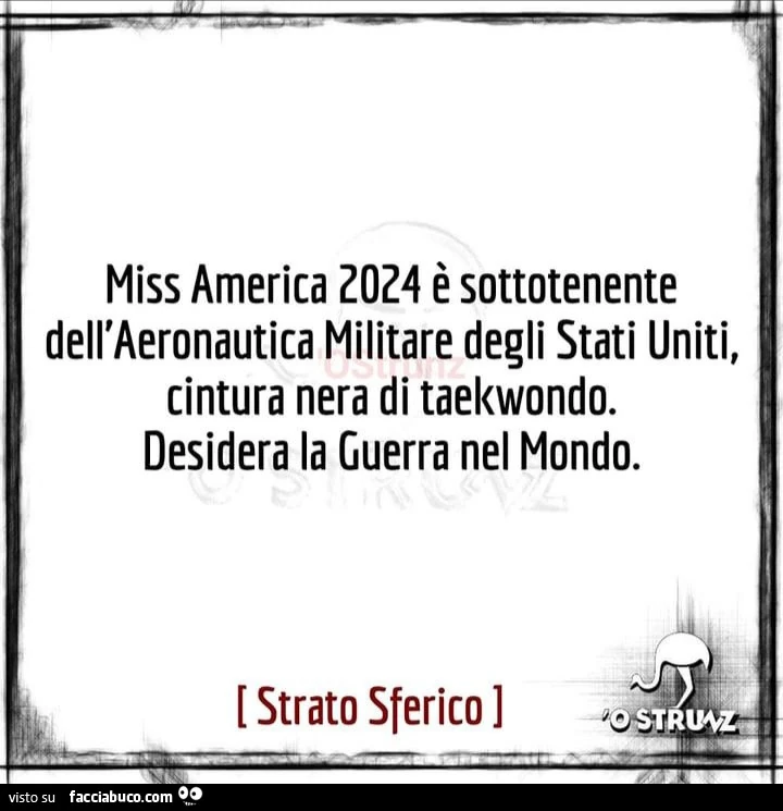 Miss America 2024 รจ sottotenente dell'aeronautica militare degli stati uniti, cintura nera di taekwondo. Desidera la guerra nel mondo
