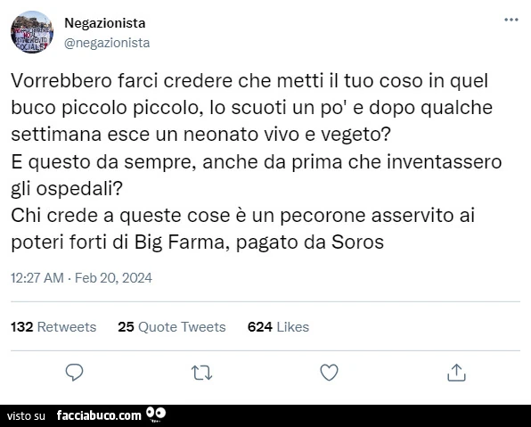 Vorrebbero farci credere che metti il tuo coso in quel buco piccolo piccolo, lo scuoti un po' e dopo qualche settimana esce un neonato vivo e vegeto?