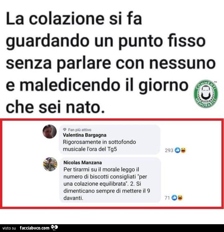 La colazione si fa guardando un punto fisso senza parlare con nessuno e maledicendo il giorno che sei nato. Rigorosamente in sottofondo musicale l'ora del tg5