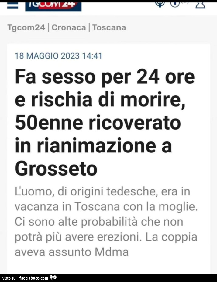 Fa sesso per 24 ore e rischia di morire, 50enne ricoverato in rianimazione a grosseto