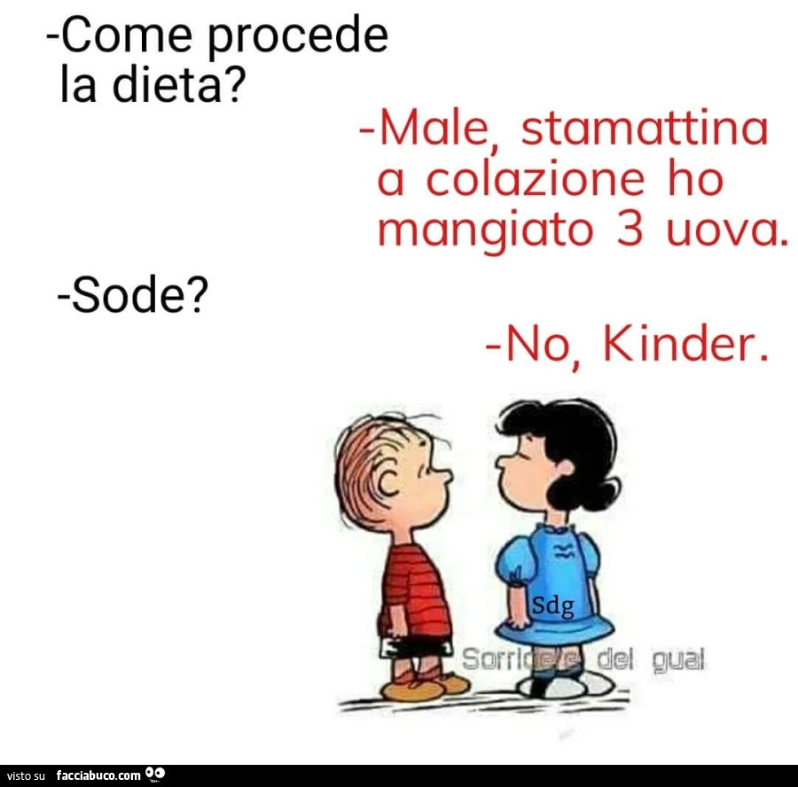 Come procede la dieta? Male, stamattina a colazione ho mangiato 3 uova. Sode? No, kinder