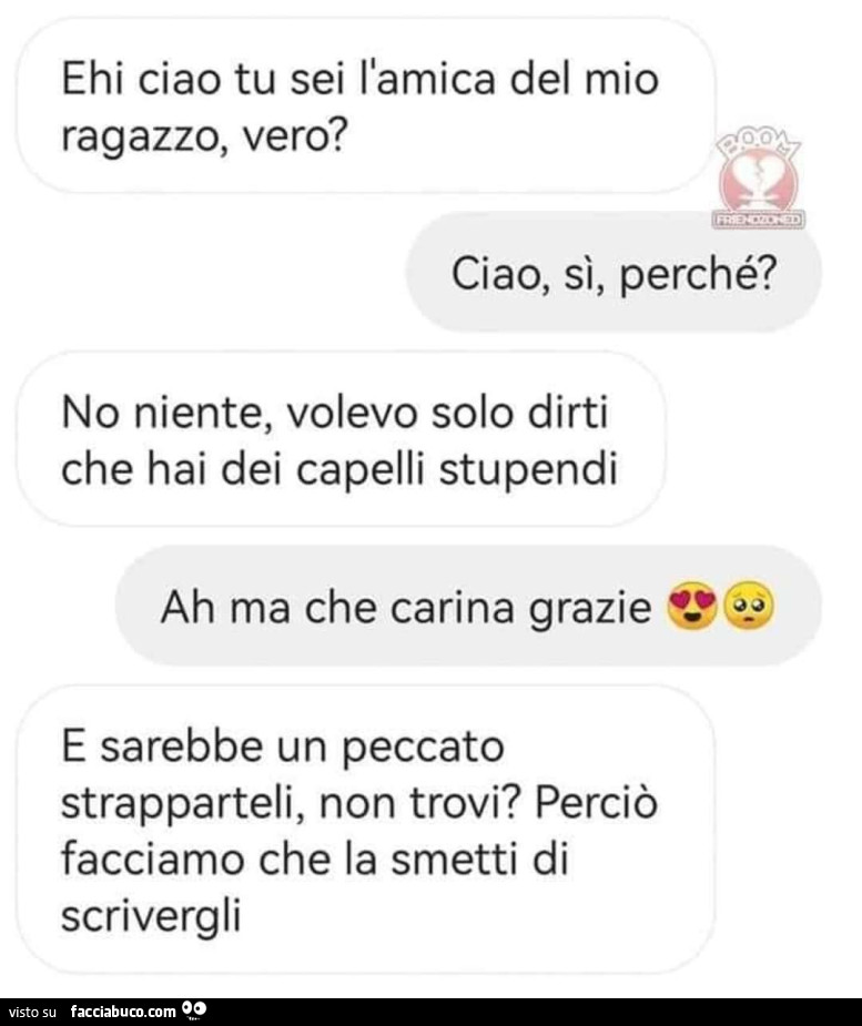Ehi ciao tu sei l'amica del mio ragazzo, vero? Ciao, sì, perché? No niente, volevo solo dirti che hai dei capelli stupendi. Ah ma che carina grazie. E sarebbe un peccato strapparteli, non trovi?