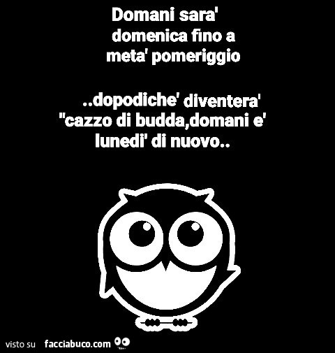 Domani sarà domenica fino a metà pomeriggio. Dopodichè diventerà cazzo di budda, domani è lunedì di nuovo
