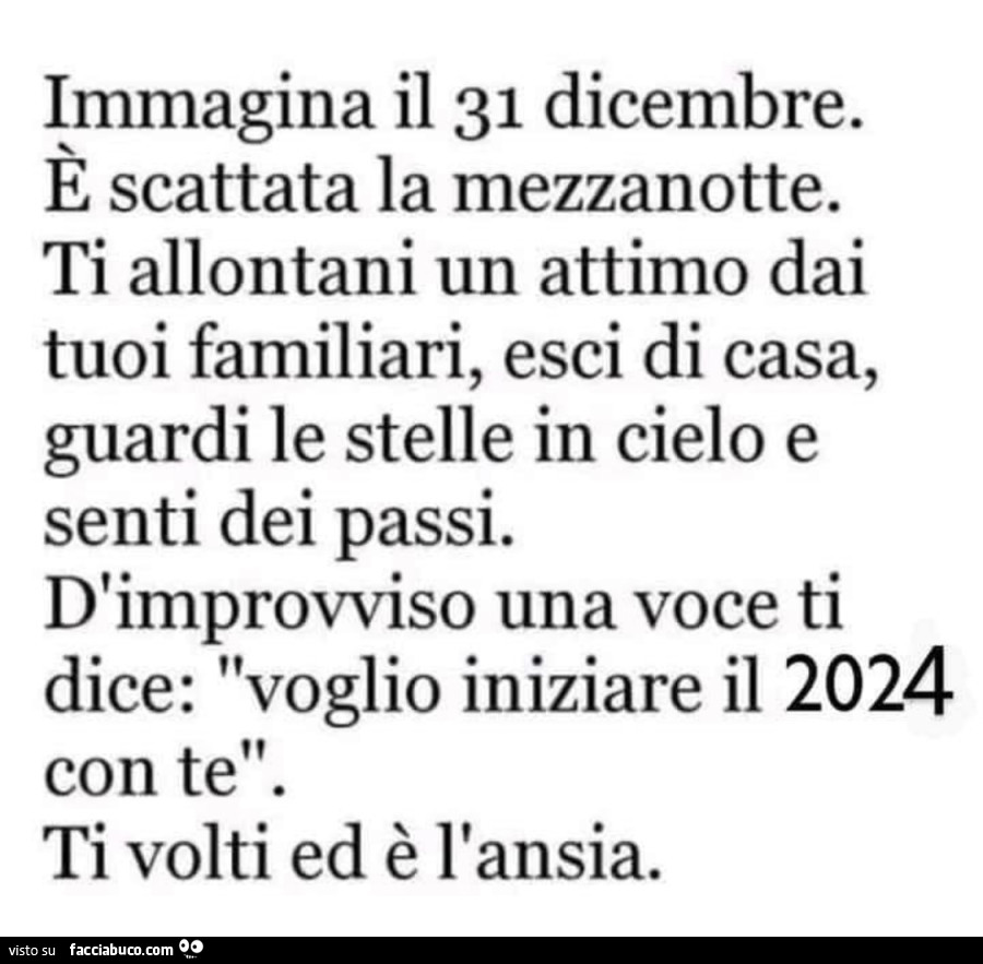 Immagina il 31 dicembre. È Scattata la mezzanotte. Ti allontani un attimo dai tuoi familiari, esci di casa, guardi le stelle in cielo e senti dei passi. D'improvviso una voce ti dice: voglio iniziare il 2024 con te. Ti volti ed è l'ansia